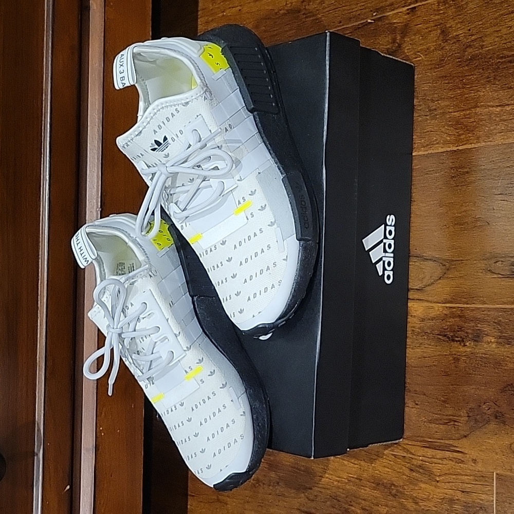 Adidas athletic shoes. White, black and neon yellow